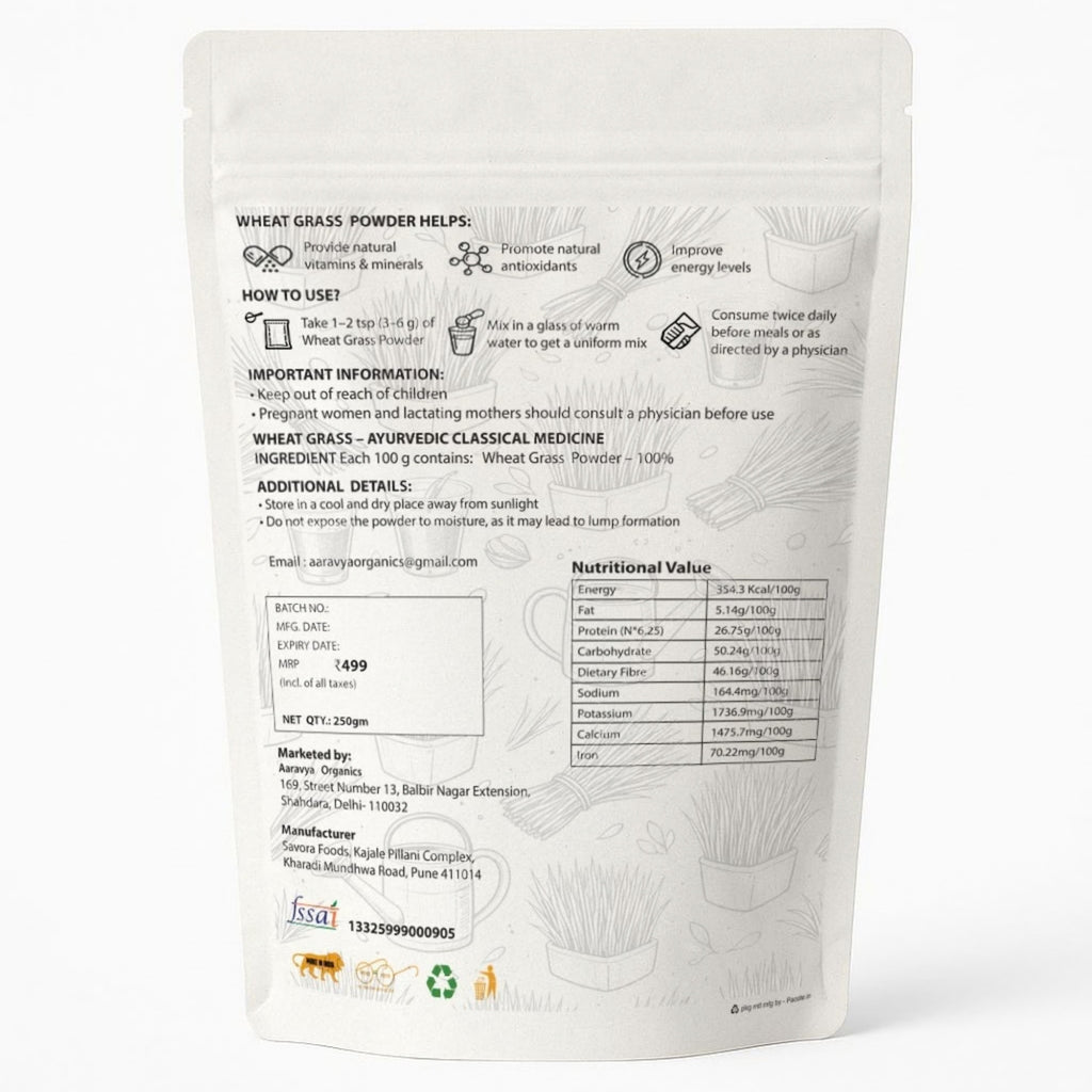 Wheatgrass Powder 250g | Pure & Natural Ayurvedic Detox Drink | Boost Immunity, Improve Digestion & Metabolism | No Preservatives, Non-GMO