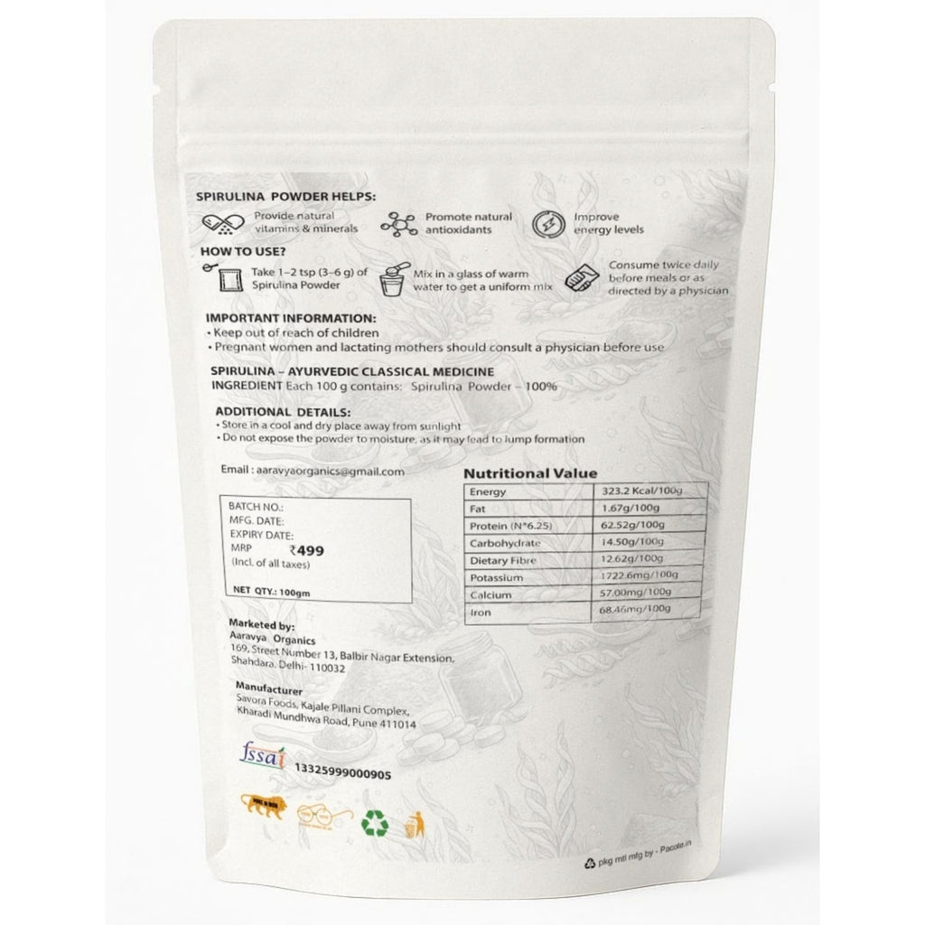 Spirulina Powder 100g | Pure Blue Green Algae Superfood | Rich in Protein, Vitamins & Minerals | Vegan, Gluten-Free, Non-GMO | Finely Milled Spirulina for Immunity, Energy & Detox | Natural Dietary Supplement for Men & Women