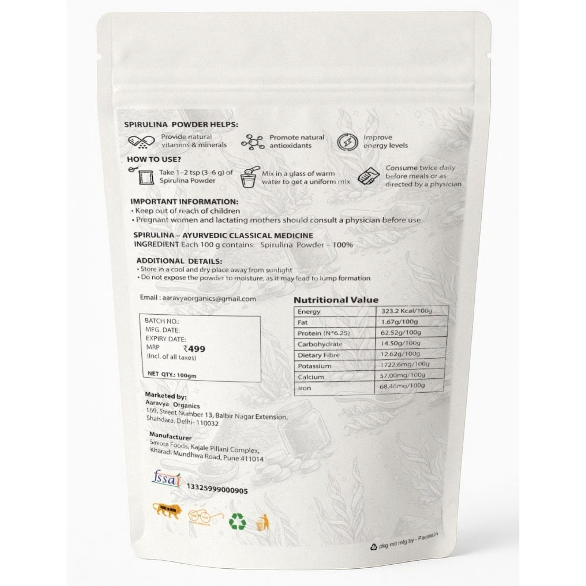 Spirulina Powder 100g | Pure Blue Green Algae Superfood | Rich in Protein, Vitamins & Minerals | Vegan, Gluten-Free, Non-GMO | Finely Milled Spirulina for Immunity, Energy & Detox | Natural Dietary Supplement for Men & Women