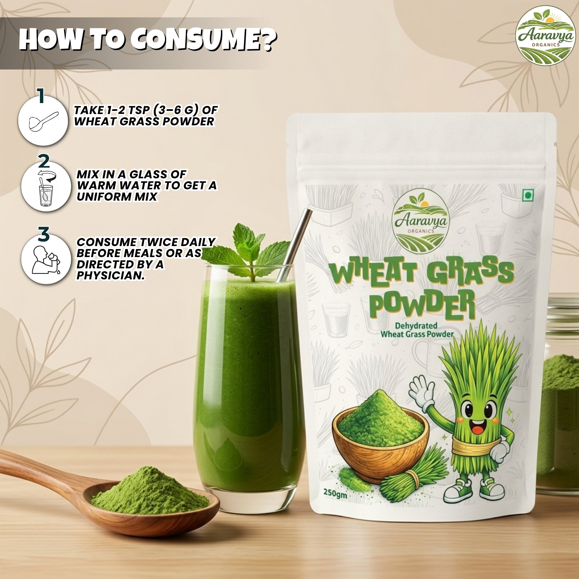 Wheatgrass Powder 250g | Pure & Natural Ayurvedic Detox Drink | Boost Immunity, Improve Digestion & Metabolism | No Preservatives, Non-GMO